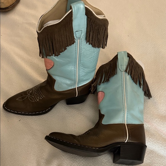 Old West Brown and Blue Western Boots with Heart & Fringe Size 2 - Picture 2 of 5